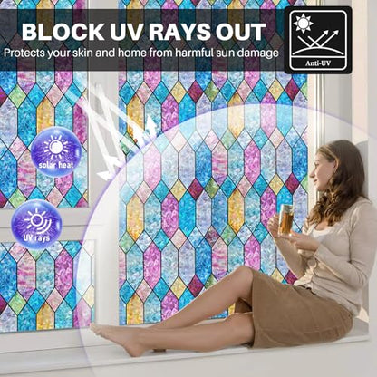 Window Privacy Film, Rainbow Decorative Stained Glass Window Film, Static Cling Lattice Glass Covering, Window Tint Sticker for Home Decor & UV Heat Blocking, 17.3 x 78.7 Inches