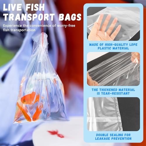 60 Pieces Fish Shipping Bags, Clear HDPE Plastic, Double Bottom Seal, Transport Bags for Live Fish, Freshwater & Saltwater Use