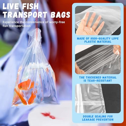 60 Pieces Fish Shipping Bags, Clear HDPE Plastic, Double Bottom Seal, Transport Bags for Live Fish, Freshwater & Saltwater Use