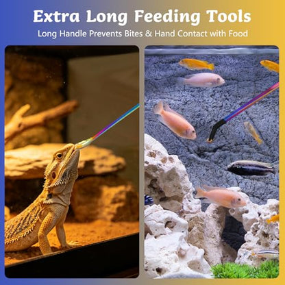 3 PCS Extra Long Reptile Feeding Tongs and Spoon Set Stainless Steel Reptile Tweezers for Aquarium with Rubber Tip Straight and Curved Terrarium Feeder Tools for Bearded Dragon Lizards
