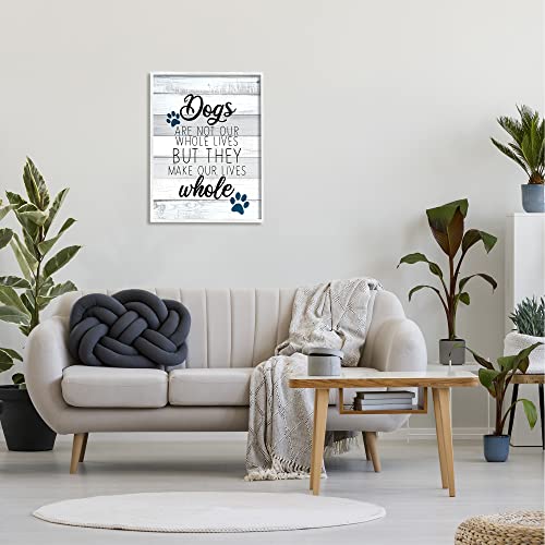 Stupell Industries Dogs Make Our Lives Whole Paw Icon Striped Backdrop, Design by Kim Allen - size: 30"L x 24"W, style: White Framed