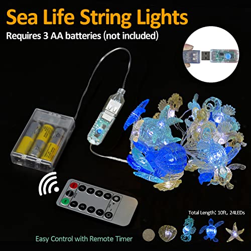 Ocean Themed String Lights Marine Life Night Light Beach Décor Sea Turtle Seahorse Starfish Clam Decorative Lights Battery Operated USB Plug in 30LED 10ft Christmas Tree Ornaments Holiday Bedroom