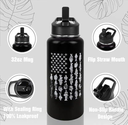 Fishing Water Bottle with Straws Fish Insulated Water Bottle Gifts for Men Dad Papa Husband Fisherman Fathers Day,Anniversary,Christmas,Birthday Travel Thermal Double Walled Vacuum Cup-32 oz - color: black fishing