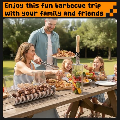 TNTOR Rolling Grill Basket, Larger 304 Stainless Steel Nesting Grilling Net, Removable Handle, BBQ Accessories Tools for Veg Shrimp, Outdoor Cooking Camping Father's Day grilling gifts for men Dad