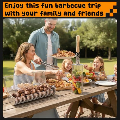 TNTOR Rolling Grill Basket, Larger 304 Stainless Steel Nesting Grilling Net, Removable Handle, BBQ Accessories Tools for Veg Shrimp, Outdoor Cooking Camping Father's Day grilling gifts for men Dad