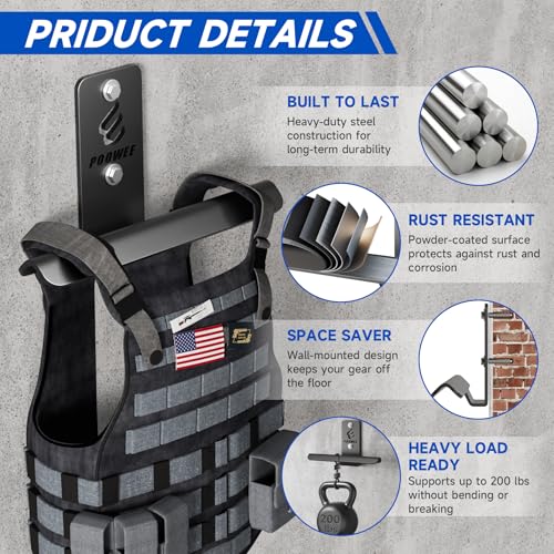 Weight Vest Hanger Wall Mount - Heavy Duty Steel Tactical Vest Wall Mount for Home Gym Gear, Weighted Vest Storage Rack for Backpacks, Body Armor Carrier, Weighted Vest Hook - Hold Up To 200Lbs