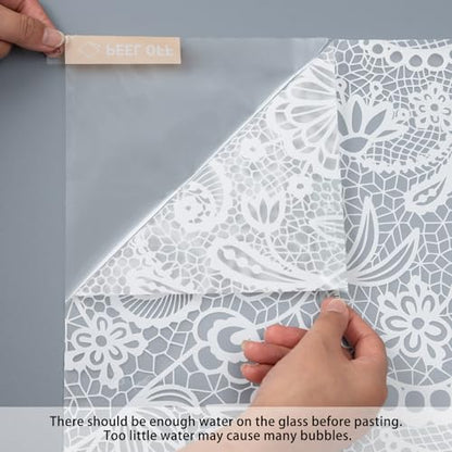 Frosted Window Privacy Film, White Lace Stained Glass Window Film, Static Cling Removable Privacy Decal, Sun Blocking Decorative Tint with Effect for Home, Doors and Office (S686, 17.7'' x 78.7'')