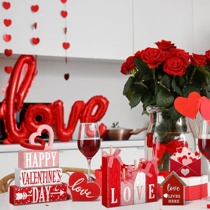 11 Pcs Valentine's Day Table Decorations Red Heart Tiered Tray Decor Love Centerpiece Pink Wooden Books Home Table Top Decor for Wedding Party Supplies - style: Love