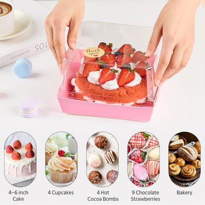 Pink Paper Cake Boxes with Clear Lids, 7 x 7 x 4 Inches, 20 Pack | Square Charcuterie Boxes, Disposable To Go Food Containers, For 4-6 Inch Cake, Jumbo Cupcakes, Bakeries - color: Pink