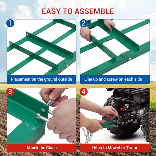 48”Lawn Leveling Rake & Driveway Drag Harrow - Heavy-Duty Tow-Behind Tool with 4FT Reinforced Chain - for ATV, UTV, Tractor, Mower - Gravel, Soil, Yard & Landscape Grading