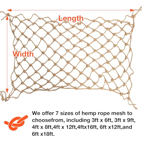 Hemp Rope Net (4ft x 12ft) Heavy Duty Natural Jute Rope Climbing Safety Netting for Balcony Stairs, Fence, Garden, Playground Protection & Indoor/Outdoor Decor - size: 4ftx12ft