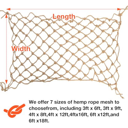 Hemp Rope Net (4ft x 12ft) Heavy Duty Natural Jute Rope Climbing Safety Netting for Balcony Stairs, Fence, Garden, Playground Protection & Indoor/Outdoor Decor - size: 4ftx12ft