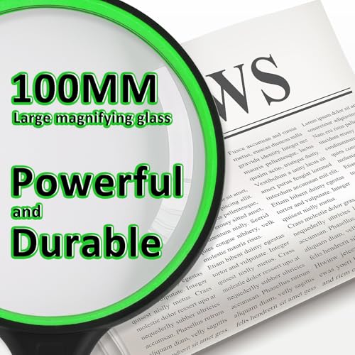 Handheld Magnifying Glass, Magnifier with 100MM Glass Lens - Ideal for Close Work, Reading Books & Newspapers, Insect Observation
