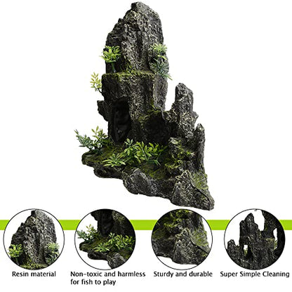 11 Inch Large Aquarium Decor, Tall Resin Mountain Rock Cave with Plants for Natural Aquascape – Realistic Fish Tank Decorations & Hiding Place for Betta, Shrimp, Cichlids