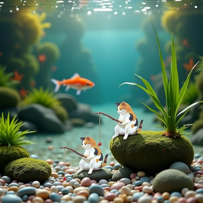 GANPUB 2Pcs Cat Fishing Figurine, Cute Cat Statue Decor, Resin Mini Fish Tank Decorations Craft Sculpture for Aquarium Tanks Desk Yard Pond Indoor Outdoor