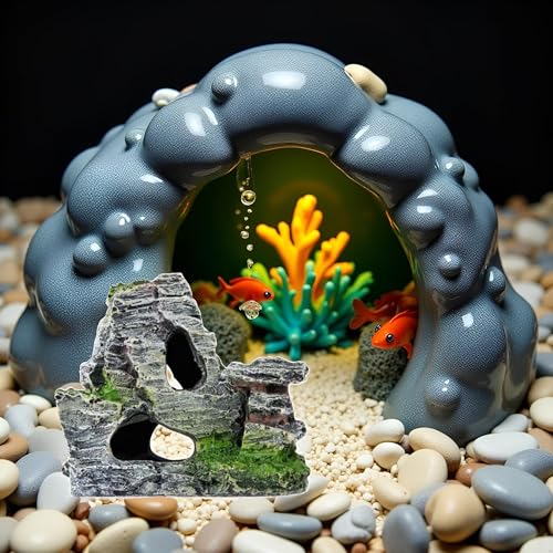 Artificial Moss Rock Aquarium Stone Cave, Resin Fish Tank Decor for Hiding and Landscaping, Small Mountain Terrain Ornament, Natural-Looking Habitat for Fish, Shrimp, and Reptiles, Decoration