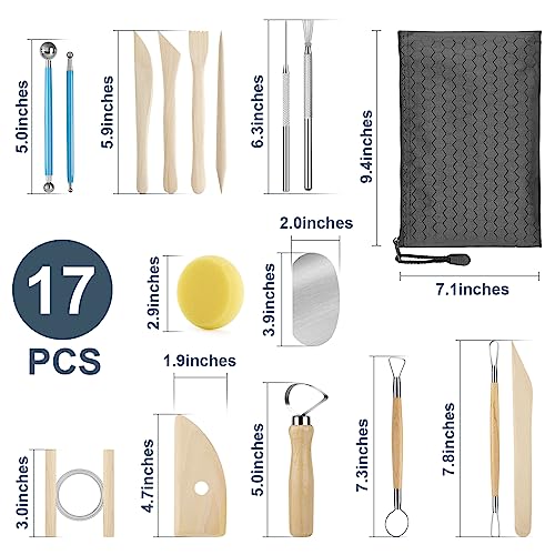 KACOLA Pottery Tool Kit, 17pcs Polymer Clay Tools, Modeling Clay Sculpting Tools Kit, Ceramics Tools, Trimming, Embossing Pattern, Smooth Wooden Handles