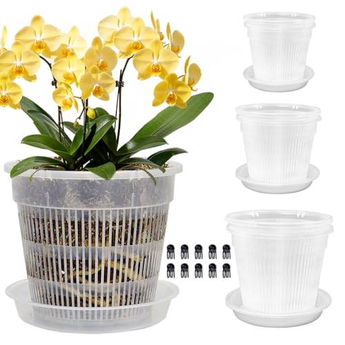 Orchid Pot with Saucers, 6 Pack Orchid Pots with Holes, 2 Each of 4.5", 5.5", 6.3", Clear Orchid Pots for Repotting, Breathable Slotted Orchids Planter - color: 2 Each of 4.5,5.5,6.3 With Saucers