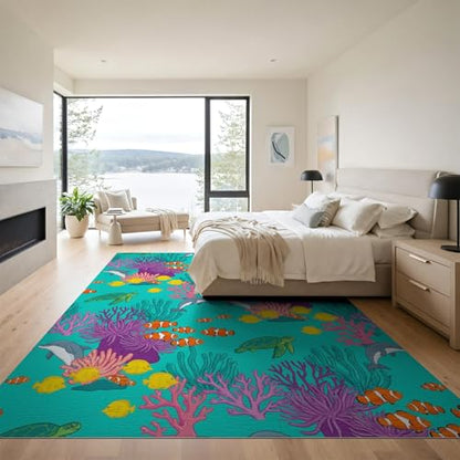 9'x12' Washable Flatwoven Rug, Yellow Graphic Turtle Stain Resistant Massive Carpet Non-Slip Chair-Friendly Mat for Dining Room, Basement, Large Office | Ref:1942919 - color: Blue/Pattern 48, size: 9' x 12' (Rectangular)
