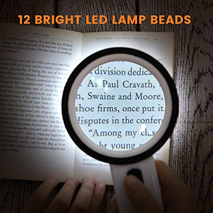 AIXPI Magnifying Glass with Light, Double-Layer Glass Lens Handheld Large Magnifying Glass 12 LED Lighted Magnifier for Seniors Reading, Coins, Jewelry, Close Working
