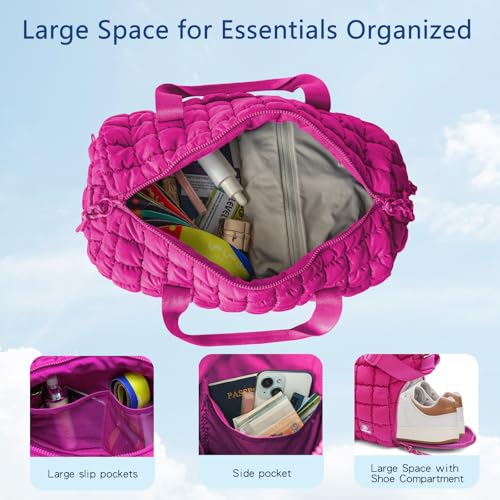 Quilted Gym Bag for Women,Duffle Bag for Travel with Wet Pocket,Carry on Weekender Bags for Women,Travel Bag with Shoe Compartment (Rose red) - color: Rose red