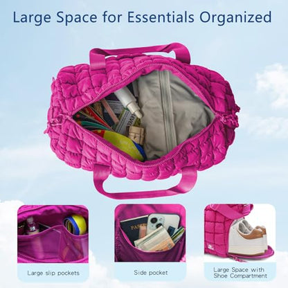 Quilted Gym Bag for Women,Duffle Bag for Travel with Wet Pocket,Carry on Weekender Bags for Women,Travel Bag with Shoe Compartment (Rose red) - color: Rose red