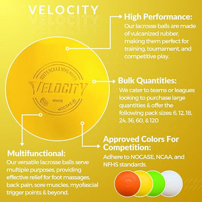 Velocity Lacrosse Balls - 1, 2, 3, 6, 12, 18, 24, 36, 60 and 120 Packs - for Practice, Official NFHS and College Approved Size - color: Yellow, size: 24 Balls, style: Practice Ball