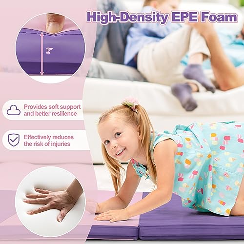 Goplus Gymnastics Mat, Folding Tumbling Mat with Carry Handles, Hook & Loop Fasteners, 4 Panels for Fitness Exercise Yoga Stretching Aerobics Workouts, Thick Gym Mats for Home - color: Pink&Purple