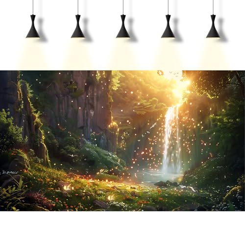 Fantasy Forest Aquarium Background Waterfall Cascades Tranquil Pool Fish Tank Background Enchanted Glade Vibrant Blooms Sunray Reptile Tank Backgrounds Fireflies Oasis Terrarium Backgrounds 48x24in - color: Golden Green, size: 48(W)x24(H)inches/ 120(W)*60