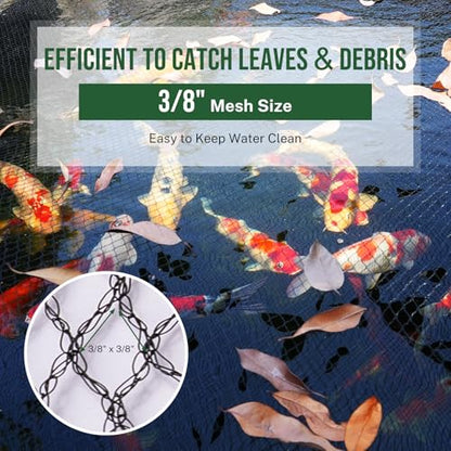 Pond Netting for Koi Ponds, 7 x 10ft Koi Pond Net Cover, Durable & Sturdy Pond Netting Cover for Leaves, Protect Koi Fish Against Herons, Raccoons, Cats & Predators, 12pcs Stakes Included