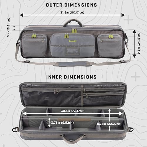 Allen Company Cottonwood Fly Fishing Rod & Gear Bag Case, Hold up to 4 Fishing Rods, Heavy-Duty Honeycomb Frame - Gray/Lime or Olive Green