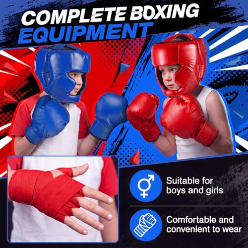 Kanayu 12 Pcs Kids Boxing Gear Set Helmet Gloves Hand Wraps - color: Blue, Red