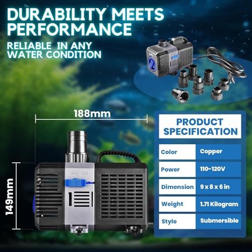 Flexzion Submersible Aquarium Water Pump 1200GPH - High FQ Ultra-Quiet Adjustable Flow Fish Pond Pump for Fresh & Saltwater Tanks, Hydroponics & Outdoor Fountains with Nozzle Set - size: 1200GPH