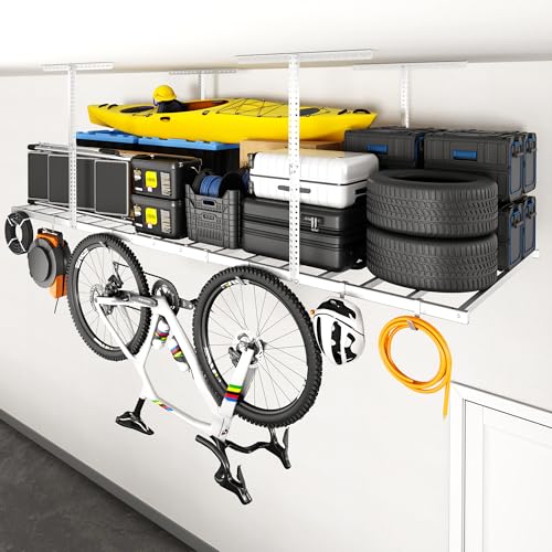 FLEXIMOUNTS 4x8 Overhead Garage Ceiling Storage Rack with 6 Hooks, White | 750lbs Capacity, 22.6"–39.4" Adjustable Dropdown, Heavy-Duty Metal Ceiling Racks, Storage Organization System, Lite Series - color: White