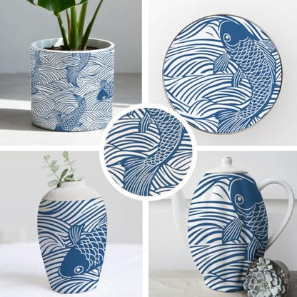 SUPERDANT 5PCS Fish and Waves Underglaze Paper Transfer Chinese Style Transfer Paper for Clay Ceramic Porcelain Under Glaze Transfers for Pottery Enamel Decals Blue Underglaze Papers Handcrafted Gifts - style: Fish and Waves