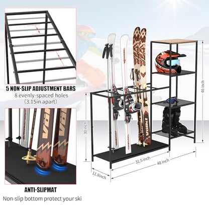 Freestanding Ski Rack, Ski Storage Rack w/Width-Adjustable Bars | Ski & Snowboard Rack Organizer for Garage, Home