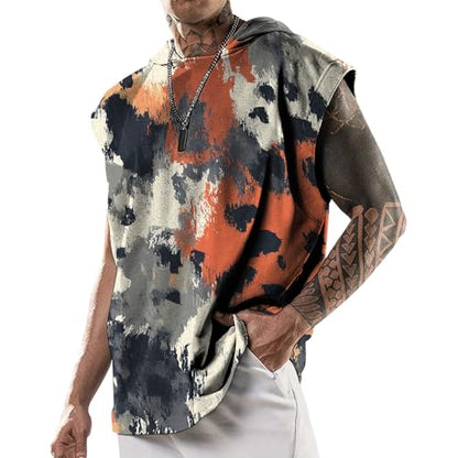 domirica Mens Relaxed Hooded Tank Tops Abstract Print Crewneck Casual Breathable Summer Fitness Sleeveless Shirt - color: Leopard, size: 5X-Large
