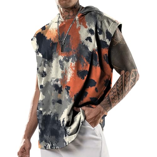 domirica Mens Relaxed Hooded Tank Tops Abstract Print Crewneck Casual Breathable Summer Fitness Sleeveless Shirt - color: Leopard, size: Large