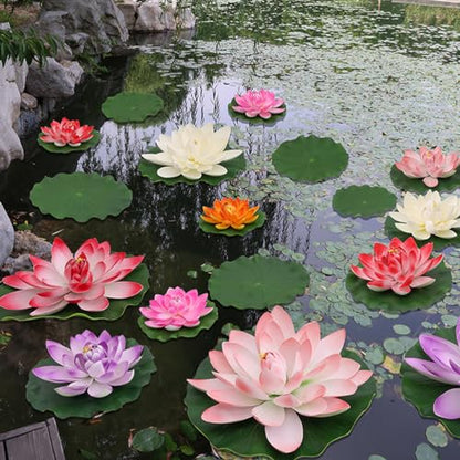 14pcs 11in & 6in Artificial Flowers Floating Foam Lotus Flower with Fake Lily Pads, Artificial Lily Pads for Pond for Pool Garden Fish Pond Aquarium Pool Wedding Decor