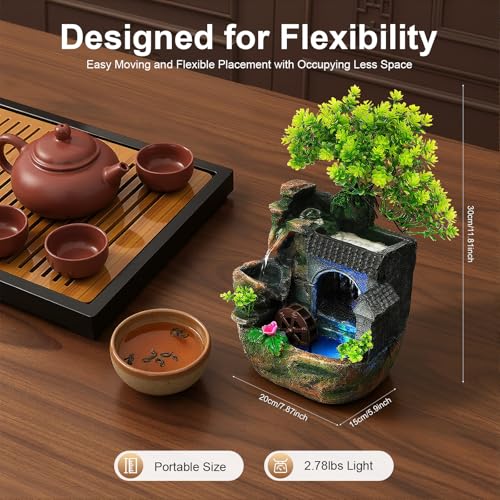 Rockery Tabletop Fountain, Waterfall Desktop Water Fountain with LED Light, Hand-Carved Resin Decor with Adjustable Flow Pump for Stress Relief, Suitable for Living Room, Office, Bedroom - size: B