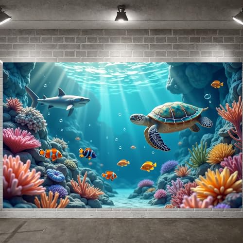 Under The Sea Backdrop Ocean Theme Party Decorations Marine Life Sea Turtle Shark Photography Background for Kids Boy Girl Birthday Baby Shower Photo Booth Props Blue Underwater Wall Banner Set