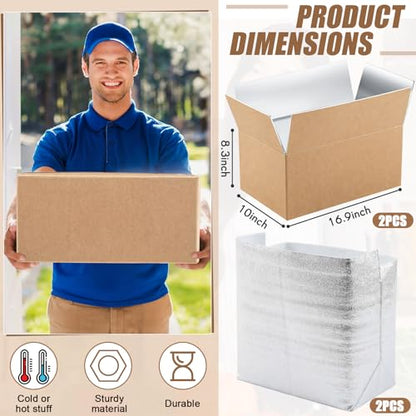 2 Pcs 17" X 10" X 8-1/4" Insulated Cold Shipping Boxes for Frozen Food with Aluminum Foil Liner Insulated Bag Thermal Cooler Cold Pack Boxes for Hot or Fresh Food Mailing Packing