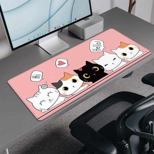 Cute Cats Desk Pad Mouse Pad,Cute Cartoon Lofi Cats Pink Mouse Mat Large,Stitched Edges Non-Slip Waterproof Rubber Base Mouse Mat for Office Home Work Gaming（27.5 x 11.8 in） - color: Lofi Cat