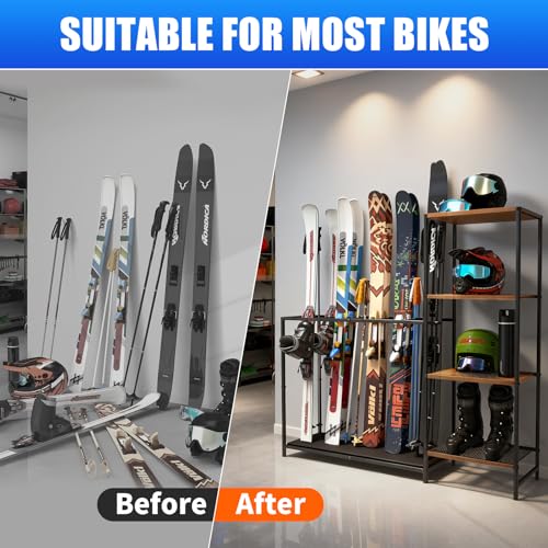 Freestanding Ski Rack, Ski Storage Rack w/Width-Adjustable Bars | Ski & Snowboard Rack Organizer for Garage, Home