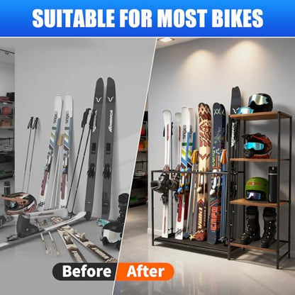 Freestanding Ski Rack, Ski Storage Rack w/Width-Adjustable Bars | Ski & Snowboard Rack Organizer for Garage, Home