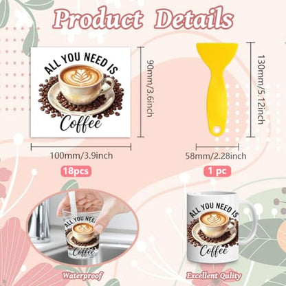 Peacoblue 18 Sheets Rub on Transfers for Crafts, Coffee 3.6"x3.9" UV DTF Cup Wraps Waterproof Cold Transfers Stickers for Wood Glass Metal Cup Tumblers Mirrors Mugs Home Decor - style: Coffee