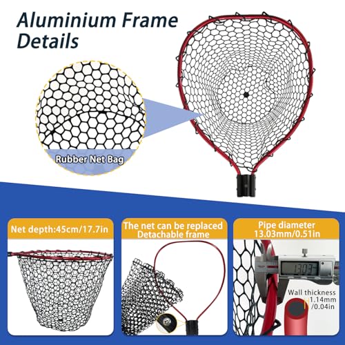 Telescoping Metal Lock Fishing Net with Handle Red Green 64" 52" Rubber Fish Net - Adjustable Length Lightweight Foldable Large Big Collapsible Extendable Fishing Net - color: upgraded metal lock(3-section pole)