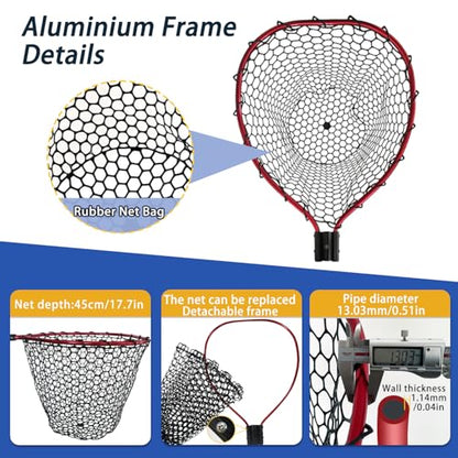 Telescoping Metal Lock Fishing Net with Handle Red Green 64" 52" Rubber Fish Net - Adjustable Length Lightweight Foldable Large Big Collapsible Extendable Fishing Net - color: upgraded metal lock(3-section pole)