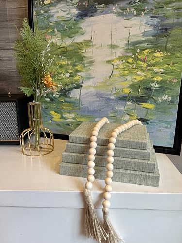 Linen Covered Decorative Books 4 Pieces, Neutral Home Decor Coffee Table Books with Wooden Beaded Tassel, Stacked Books for Rustic Farmhouse Modern, Boho, Bookshelf, Fireplace Mantel Decor, Sage