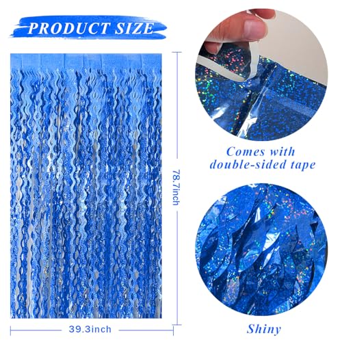 Blue Backdrop Wavy Tinsel Foil Fringe Curtains for Parties Sparkle Metallic Wavy Blue Birthday Decorations for Streamers Party Decorations Photo Booth Props Birthday Ocean Party Decor Supplies